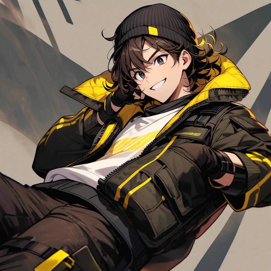 (well done:1) man, short dark brown curly hair, black beanie, black eyes, black clothes with yellow details, white sweatshirt jacket over top, tactical boots, fingerless gloves, yellow tips in the hair.