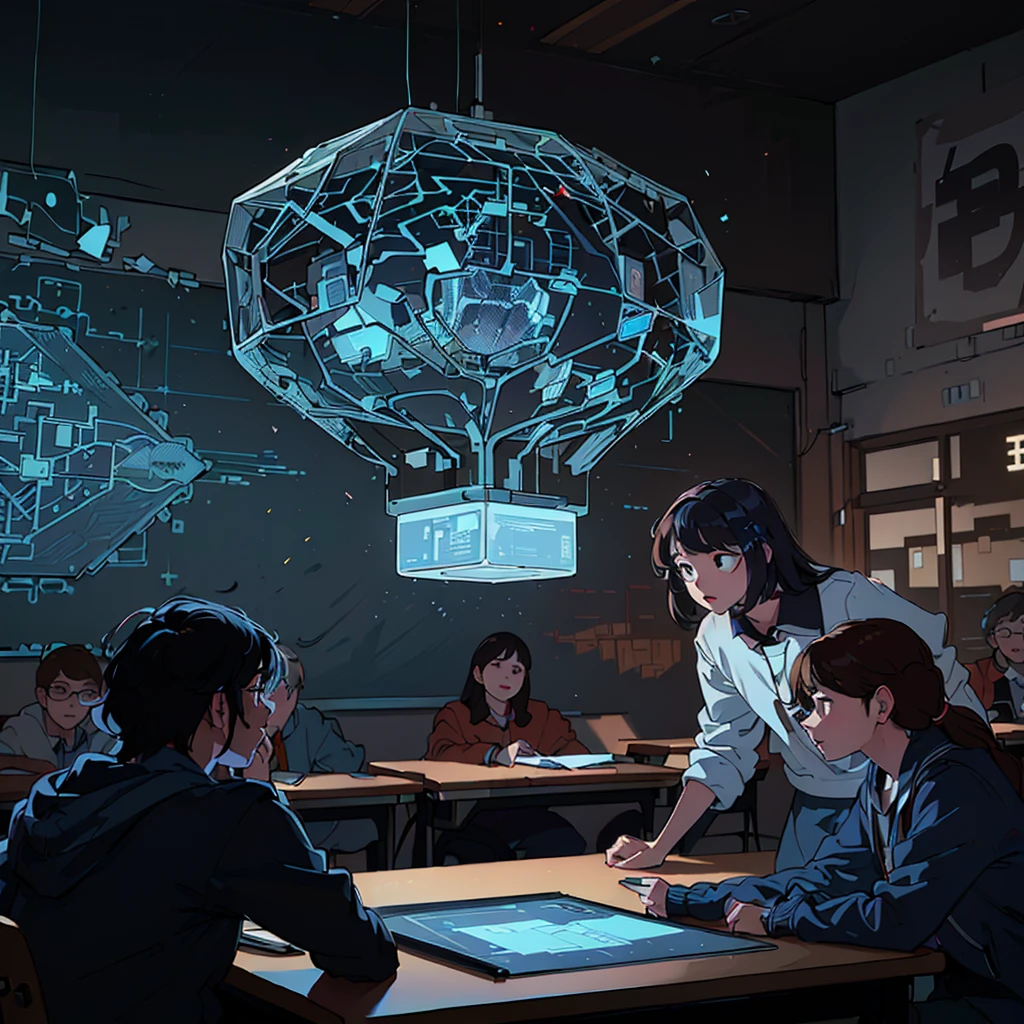 Open plan, with semi-angle lens (22mm) Teacher in classroom (modern and colorful school style) showing his school students a hologram suspended above his desk that shows the basic structure of an AI. This surprising scene captures the essence of a class on artificial intelligence for school students. The intricate hologram design shines through with pristine clarity. The image radiates a feeling of innovation and intelligence, inviting students to a world where technology becomes a tool to study. UHD, 16k