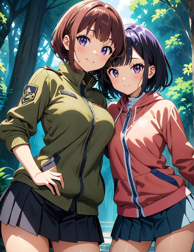 (anime artwork, anime style, studio anime, very detailed, up to date, vibrant, Anime Coloring, high contrast, masterpiece:1.2, best quality, best aesthetics),2 girl,hug from behind,army suit, pleated skirt, Medium chest, A glimpse of thighs,random hair, One eye is hidden by the bangs, perfect proportions, high detail skin, Cute, detailed faces,forest, precise fingers,panty shot ,roll over,supine pose