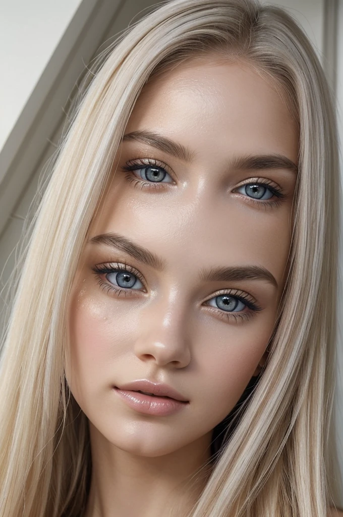 ((Best quality)) ((detailed)) ((masterpiece)) pretty face, Angelic looking, lightskin, beauty marks, rosy cheeks, thin 90s eyebrows, beautiful makeup, doe eyes, white shiny eyeshadow, blueish gray eyes, really light and shiny blonde hair, pale, skin color is pale