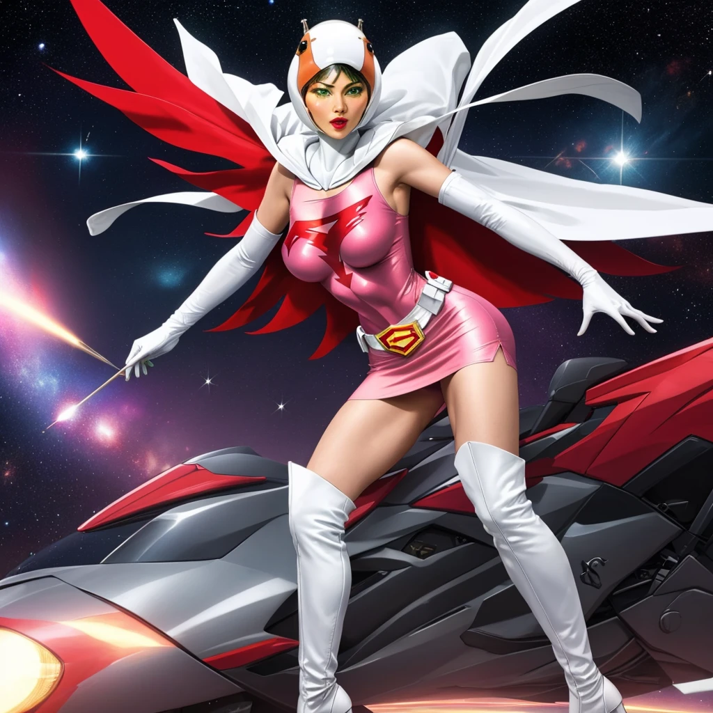ANI_CLASSIC_jun_gatchaman_ownwaifu,1girl, 18yo,good anatomy, masterpiece, best quality,realistic, hyperrealistic, 16k hdr, long hair,breasts,green eyes,lips,large breasts,lipstick,makeup,gloves,cape,helmet,belt,elbow gloves,white gloves,mask,ultra miniskirt,leotard,spacesuit,white tight overknee highheels boots,pink dress,superhero,bodysuit,cleavage,erected nipples,(sexy pose,front view),(spread legs:1.1)