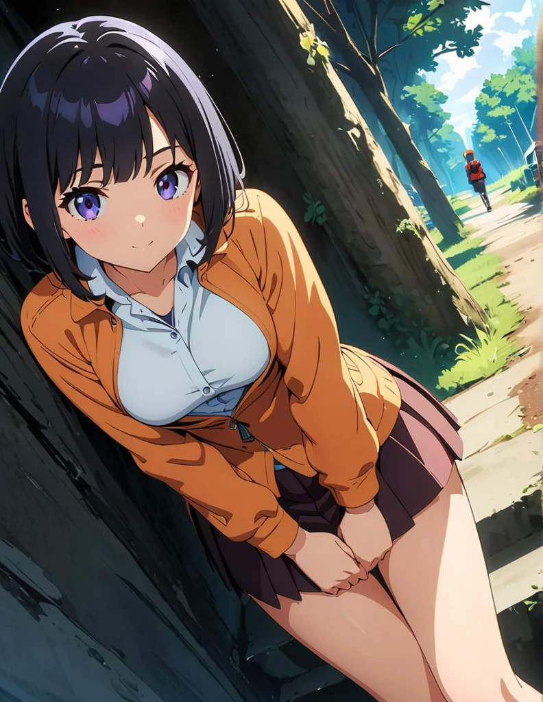 (anime artwork, anime style, studio anime, very detailed, up to date, vibrant, Anime Coloring, high contrast, masterpiece:1.2, best quality, best aesthetics),2 girl,hug from behind,army suit, pleated skirt, Medium chest, A glimpse of thighs,random hair, One eye is hidden by the bangs, perfect proportions, high detail skin, Cute, detailed faces,forest, precise fingers,panty shot ,roll over,supine pose