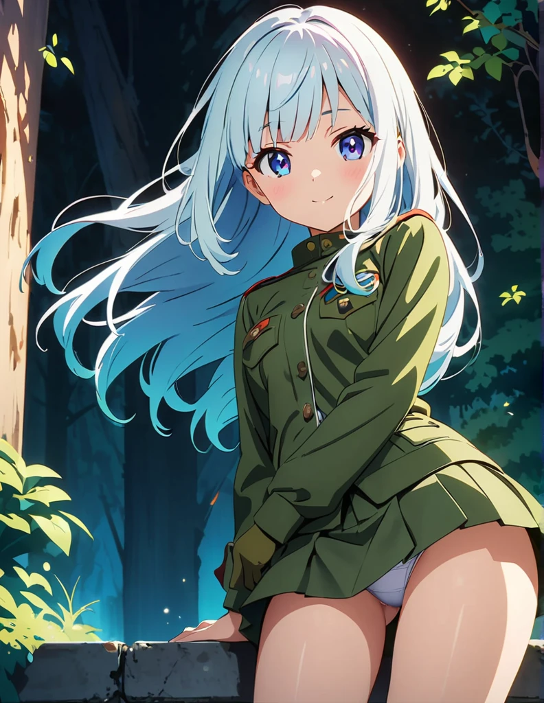 (anime artwork, anime style, studio anime, very detailed, up to date, vibrant, Anime Coloring, high contrast, masterpiece:1.2, best quality, best aesthetics),2 girl,hug from behind,army suit, pleated skirt, Medium chest, A glimpse of thighs,random hair, One eye is hidden by the bangs, perfect proportions, high detail skin, Cute, detailed faces,forest, precise fingers,panty shot ,roll over,supine pose