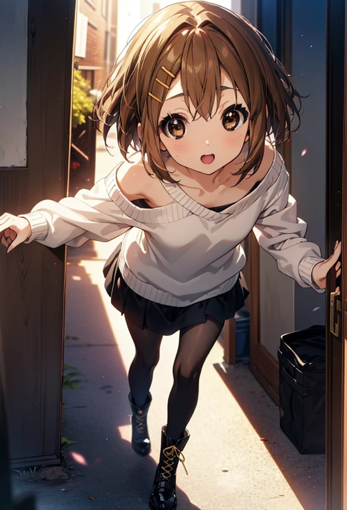 yuihirasawa, Yui Hirasawa, short hair, Brown Hair, hair ornaments, (Brown eyes:1.5), Hair Clip,One-shoulder sweater,mini skirt,Black pantyhose,short boots,Walking,morning,morning陽,The sun is rising,smile,Open your mouth,whole bodyがイラストに入るように
break outdoors,Building district,
break looking at viewer, whole body,
break (masterpiece:1.2), Highest quality, High resolution, unity 8k wallpaper, (figure:0.8), (Beautiful attention to detail:1.6), Highly detailed face, Perfect lighting, Highly detailed CG, (Perfect hands, Perfect Anatomy),