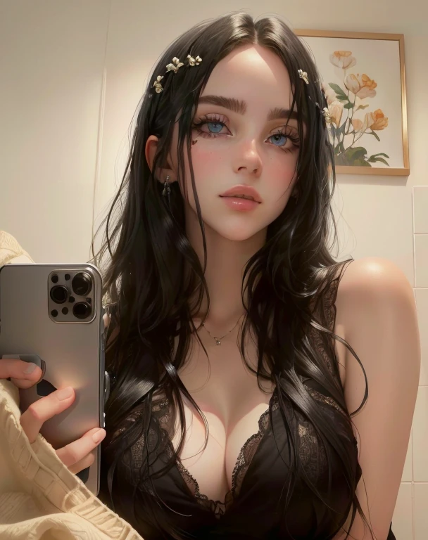 (Obra Prima, Melhor Qualidade, 4K, Realista), Litografia realista, mulher arafa tirando uma selfie no espelho com um celular, 18 anos de idade, 21 anos de idade, 22 anos de idade, 1 6 anos, 2 modelo feminino de 4 anos, angelawhite, de 19 anos, 19 anos, 23 anos, ela tem cerca de 2 0 anos