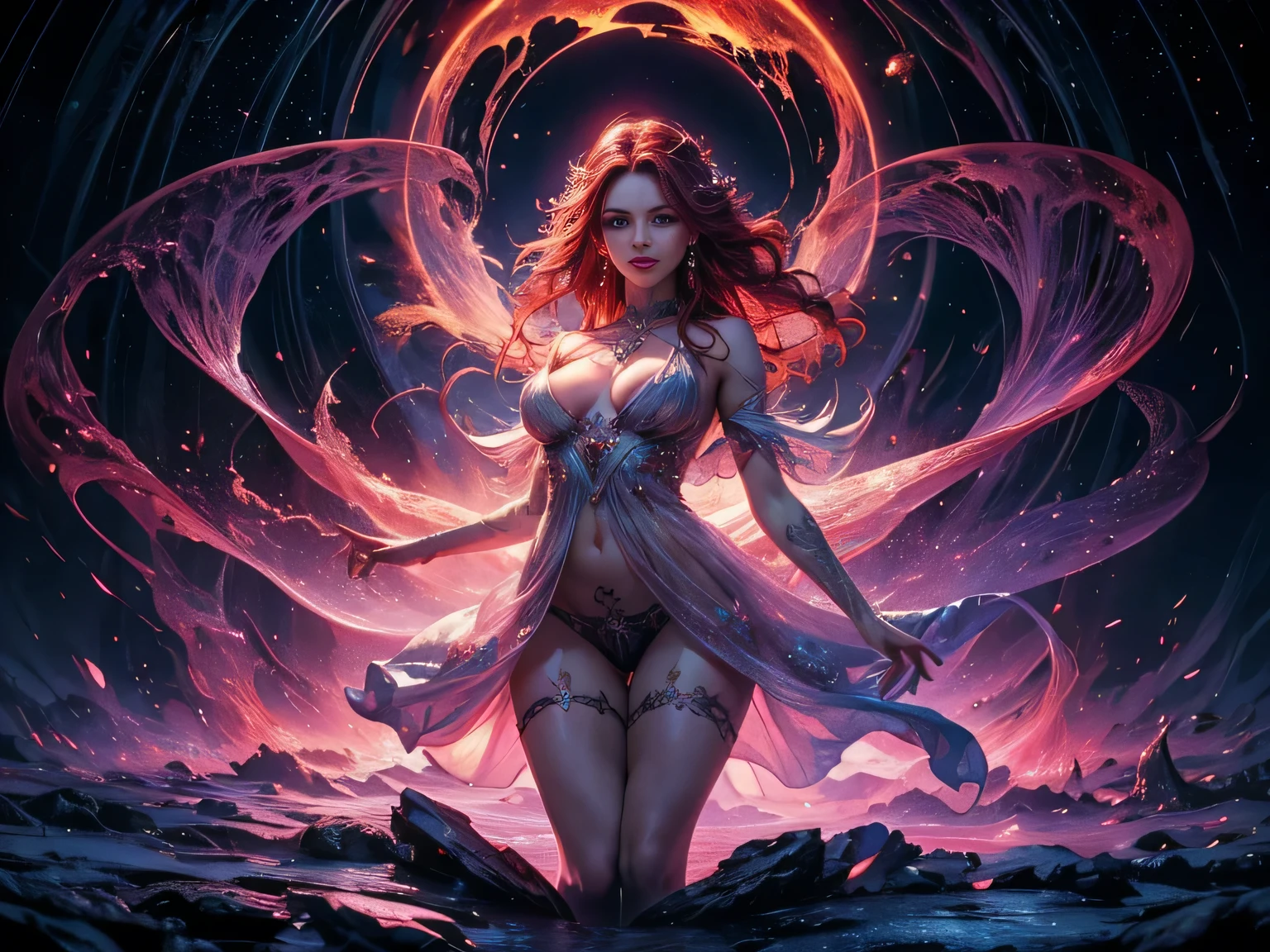 (best quality,4k,8k,highres,masterpiece:1.2), ultra-detailed, You are in the center ween two forestire and ice. The surrounding area breathtaking in its beauty: bright red trees with flames that echo the icy pines decorated with student patterns. The air filled with the smells of hot fire and fresh ice, and you feel powerful energies permeate your body. Under your feet you feel the yielding earth, which seems alive and breathing. You are a fearless warrior and a princess with magical powers. Your (skin deadly pale), your eyes are red-blue, like a sunset sky. You look very powerful and confident, and your black lace armor emphasizes your independence and strength. Unlike your usual booking, this one a quirk of deep magic. The substance consisting of translucent fabrics fits your body, leaving all the important places open, while, as if thanks to the magic of executions, your breasts are in perfect condition, do not hang and do not stretch. Reflect the subtlety of the outfits of your character, you are not afraid to show your gifts, because you have great magic in trust, giving you invulnerability and victory over enemies. ((best quality,4k,8k,highres,masterpiece:1.2),ultra-detailed, mads, magic, beautiful magic, 1girl, flame mage, (ice and flame), (very beautiful fantasy background), (crazy fantasansparent ice-flame dress), portraits, vivid colors, intense lighting, brush strokes, ethereal atmosphere, spellbinding, enchanting scenery, mesmerizing expressions, whimsical, mystical, intricate details, dynamic poses, captivating moments, enchanting eyes, flowing robes, long curly redhair crystalline ice, mythical creatures, surreal landscapes, otherworldly, magical elements, (vagina see thru panties), (erect nipples see thru clotheewitching beauty, ethereal glow, transcendent, harmonic color palette. (Obscene lines), ((glow crotch tattoo)), inmon, womb tattoo, succub tattoo