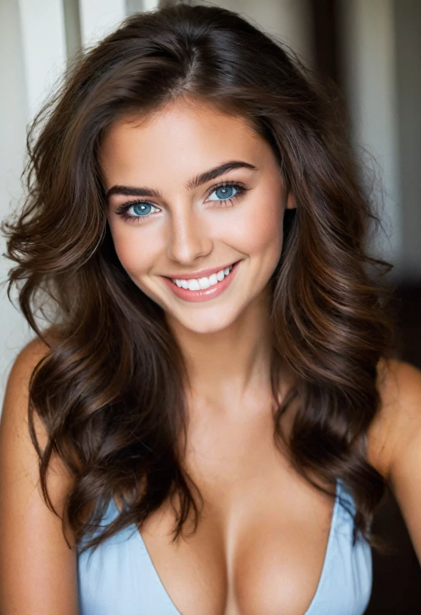 Fille française de 20 ans, assise en tenue sexy brunette, yeux de couleurs marrons foncé, sourire sur le coté yeux froncés , Les cheveux en désordre, photos dans une maison éclairée photo prises de loin pour voir le corps en entier
