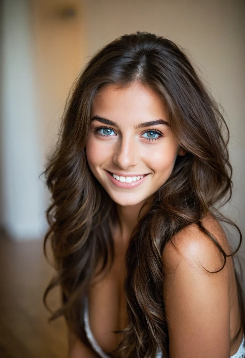 Fille française de 20 ans, assise en tenue sexy brunette, yeux de couleurs marrons foncé, sourire sur le coté yeux froncés , Les cheveux en désordre, photos dans une maison éclairée photo prises de loin pour voir le corps en entier
