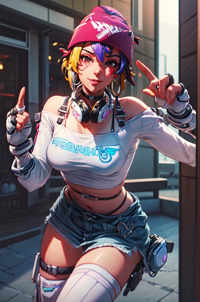 Sexy pose, posing,  ((masterpiece, best quality)), 1girl, solo, Kiriko LeSserafim, upper body, short hair, brown eyes, multicolored hair, blue hair, yellow highlights, bangs, pink headwear, hair between eyes, (white off-shoulder shirt:1.5), ((gloves:1.5)), pointing to her face, fingerless gloves, hoop earrings, (white shirt:1.5), headphones around neck, thighhigh, white gloves, lace-up boots, boots, gloves, jacket around waist, thighhighs, breasts, headphones, standing, jewelry, bracelet, midriff, white crop top, cross-laced footwear single kneehigh, smile, earrings, jewelry, hat, looking at viewer, makeup, facepaint, facial mark, detached sleeves, lips, indoors, japanese house, hands on her face, portrait,  