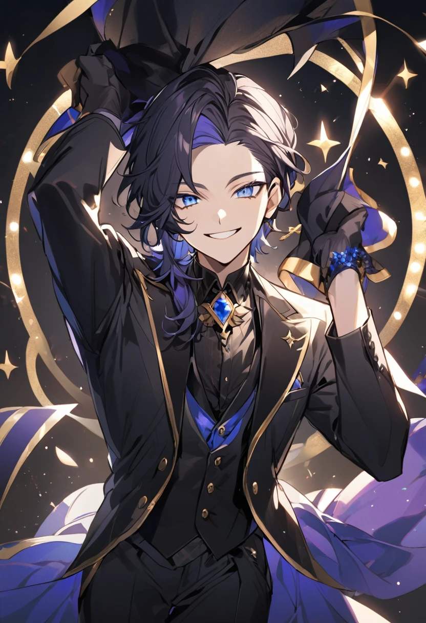 Prince, , dark fur, blue eyes. black suit. He smiles, he is a magician