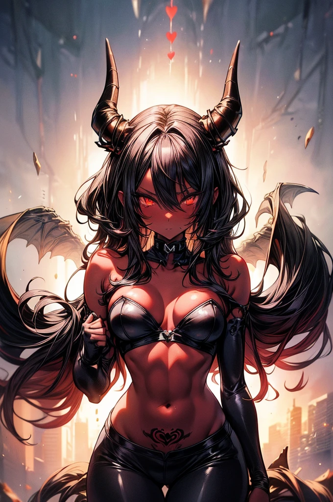 masterpiece, super detailed, high resolution, precision art, highly seductive anime girl. sexy and alluring, flawless dark red demonic skin, succubus, symmetrical face, beautiful olive eyes, flowing black hair, her very presence oozes seduction and allure, S-shaped body, black onyx colored horns jutting out her forehead, heart shaped tail protruding from her back, sexy and arousing slender and thin yet chiseled with enticing breasts, intricate and beautiful heart shaped tattoo engraved on her stomach, wearing spaghetti strap crop-top and form-fitting leggings that accentuate her round ass, hip-level shot