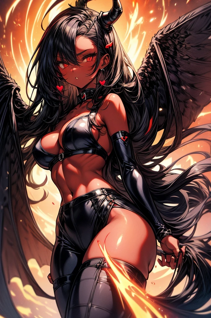 masterpiece, super detailed, high resolution, precision art, highly seductive anime girl. sexy and alluring, flawless dark red demonic skin, succubus, symmetrical face, beautiful olive eyes, flowing black hair, her very presence oozes seduction and allure, S-shaped body, black onyx colored horns jutting out her forehead, heart shaped tail protruding from her back, sexy and arousing slender and thin yet chiseled with enticing breasts, intricate and beautiful heart shaped tattoo engraved on her stomach, wearing spaghetti strap crop-top and form-fitting leggings that accentuate her round ass, hip-level shot