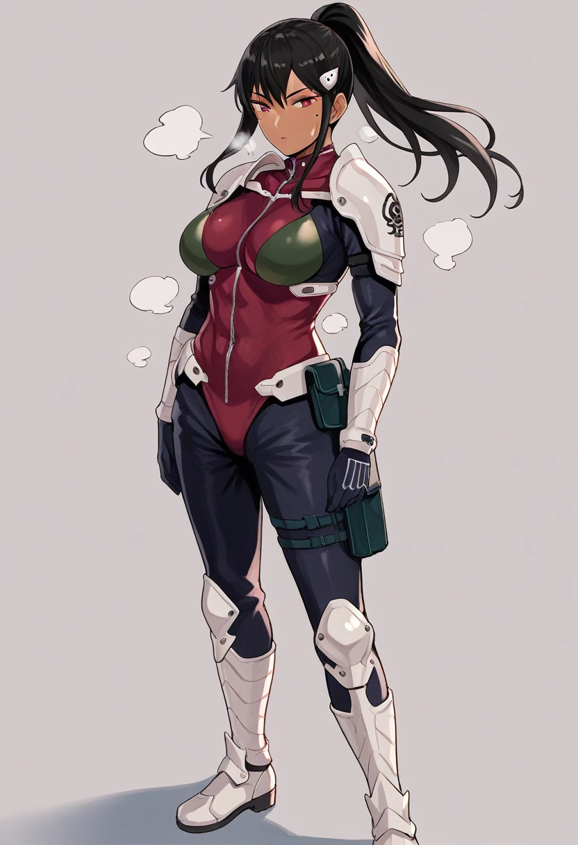 score_9, score_8_up, score_7_up, source_anime BREAK,Mina Ashiro,BLACK HAIR, PONYTAIL, LONG HAIR, HAIR ORNAMENT, MOLE UNDER EYE, MOLE, RED EYES BODYSUIT, ARMOR,BOOTS,bera breasts, 1female,large breasts,tanlines,dark-skinned female,(steam,Sweat),