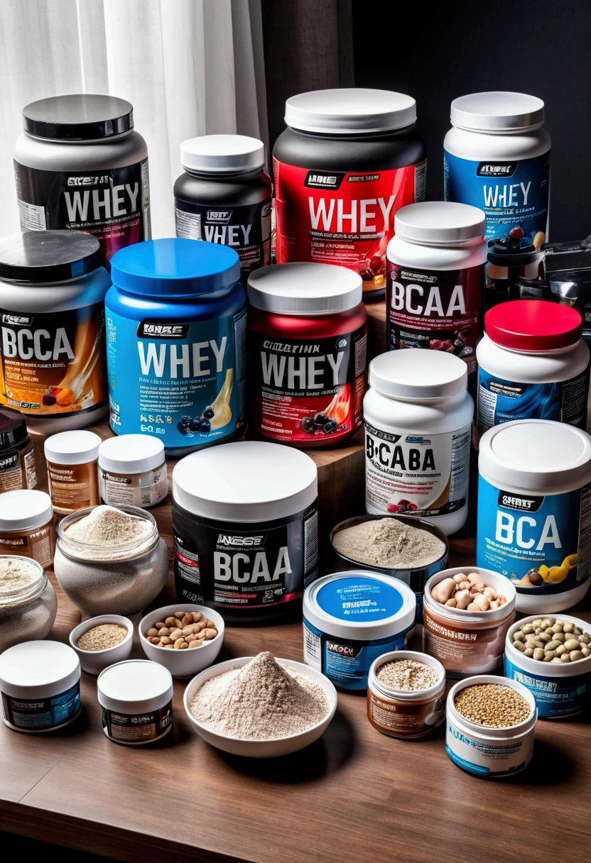 4k image quality,Detailed Description, an image of (multiple variety) of supplements, how to whey protein powder, creatine and BCAA, creatinas, and other bodybuilding supplements, on a table.