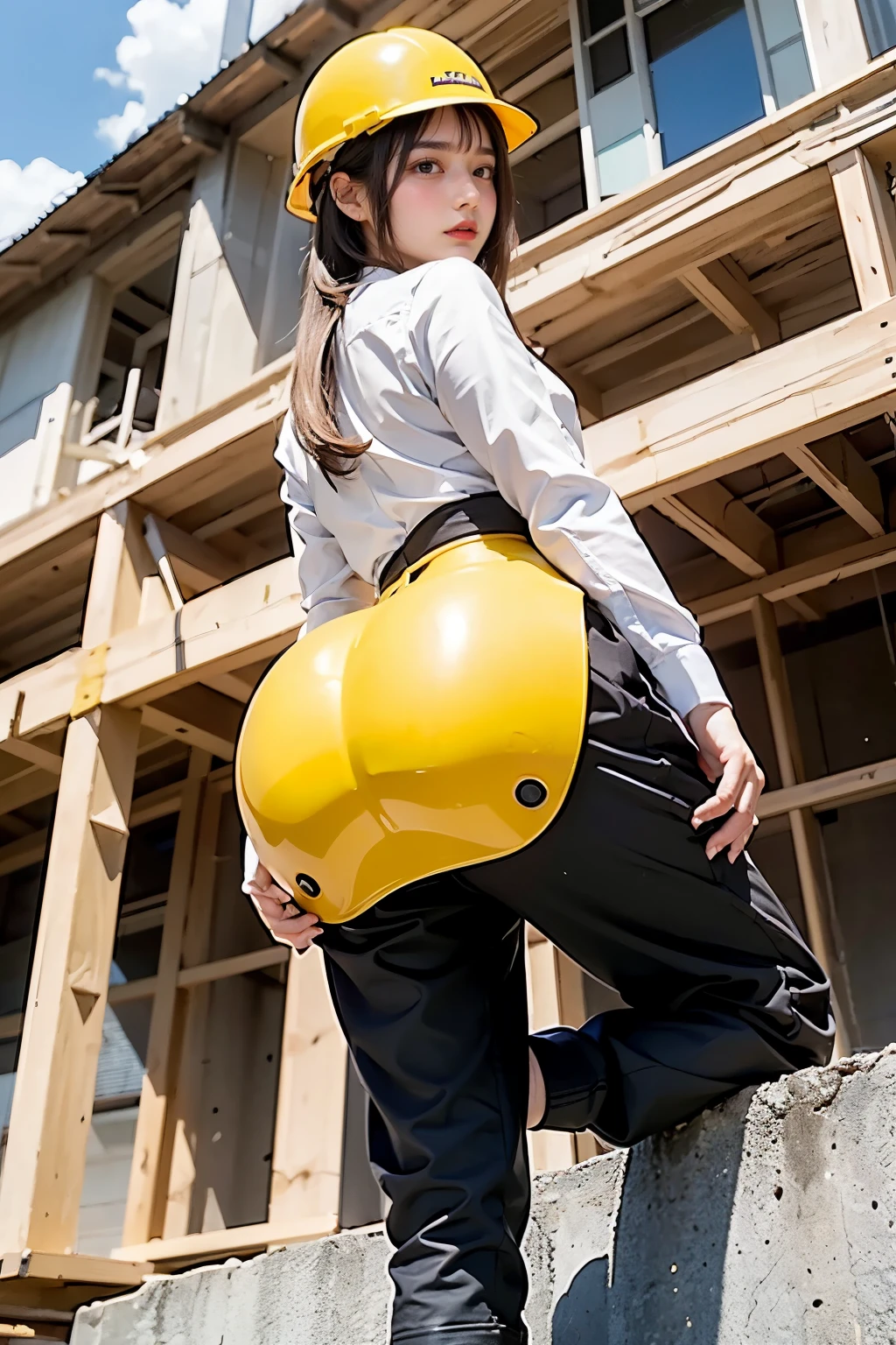 Masterpiece, bokeh, Beautiful face, (Japanese idle:1.6), (working uniform:1.3), (Looking back in Building construction site:1.3), (Yellow helmet:1.3), working boots, (From below:1.5),