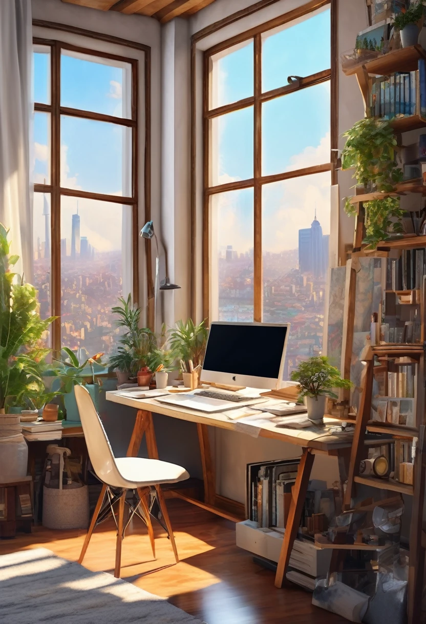 a room overlooking the city,active artists studio,fine detailed interior,comfortable clean room,tidy organized space,large windows with city view,natural lighting,wooden furniture,easel,paint supplies,canvases,bookshelves,cozy atmosphere,calming colors,warm lighting,photorealistic,8k,highres,masterpiece,detailed description,professional artist studio