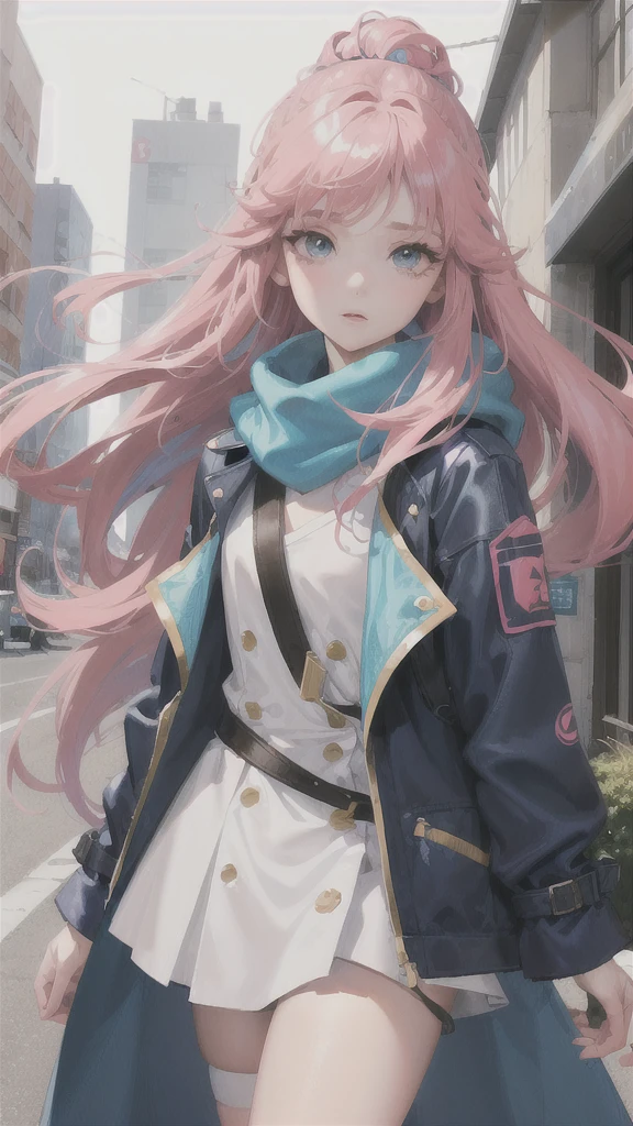 Create an anime girl image, White background, realistic and detailed graphics. young girl, 21 years old, With a cute face, large bright blue eyes and light smooth skin. She has pink hair, collected in a neat hairstyle, with small stray strands. small nose, lightly with potatoes. The girl is dressed in a blue coat and a blue scarf with red streaks. On the street, surrounded by urban environment, against the background of buildings or a park. The girl&#39;s mood is light and friendly, she smiles, creating an atmosphere of warmth and friendliness. Pay attention to the details of clothing and accessories, emphasizing her style and individuality.