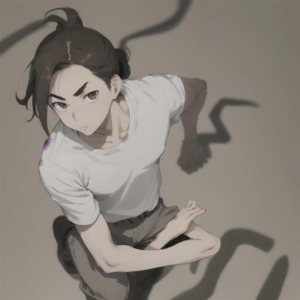 Asian teen, short ponytail , brown lazy eyes, sharp eyebrow, thin nose, good looking ,brown hair, pale skin, broad shoulders, lean, tall, fitted white school shirt with rolled sleeves, light grey school pants, black clarks, cool guy 