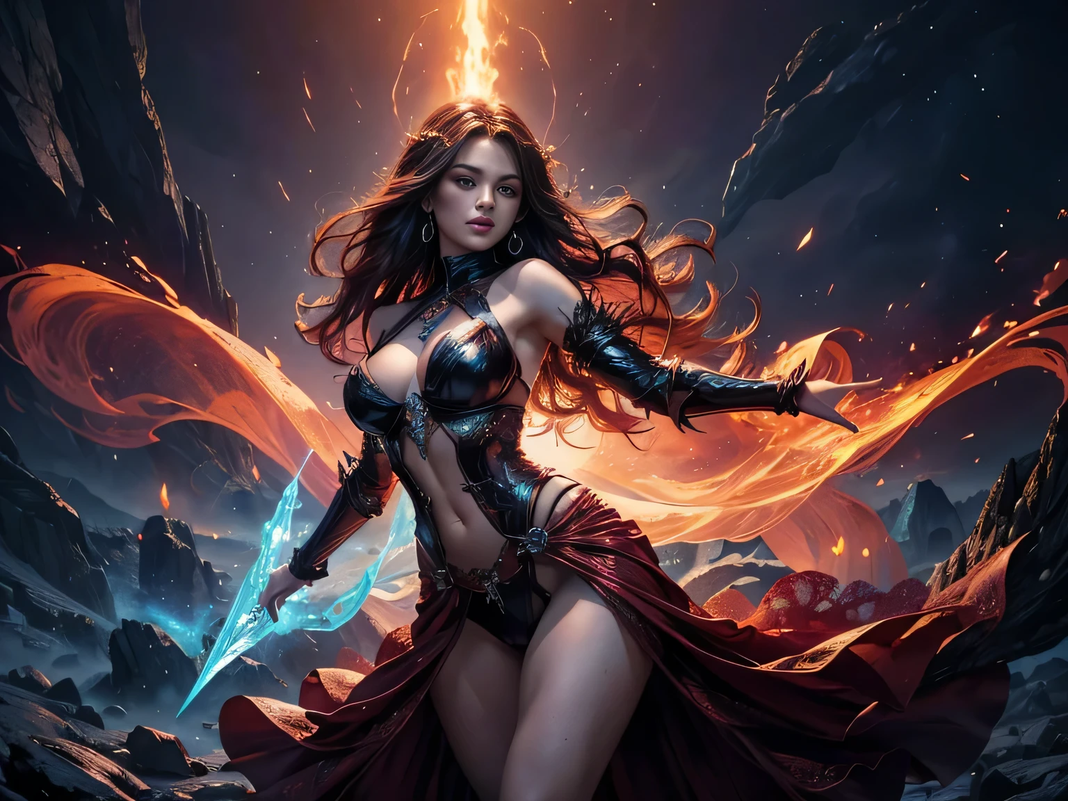 (best quality,4k,8k,highres,masterpiece:1.2), ultra-detailed, You are in the center between two forestire and ice. The surrounding area breathtaking in its beauty: bright red trees with flames that echo the icy pines decorated with student patterns. The air filled with the smells of hot fire and fresh ice, and you feel powerful energies permeate your body. Under your feet you feel the yielding earth, which seems alive and breathing. You are a fearless warrior and a princess with magical powers. Your (skin deadly pale), your eyes are red-blue, like a sunset sky. You look very powerful and confident, and your black lace armor emphasizes your independence and strength. Unlike your usual booking, this one a quirk of deep magic. The substance consisting of translucent fabrics fits your body, leaving all the important places open, while, as if thanks to the magic of executions, your breasts are in perfect condition, do not hang and do not stretch. Reflect the subtlety of the outfits of your character, you are not afraid to show your gifts, because you have great magic in trust, giving you invulnerability and victory over enemies. ((best quality,4k,8k,highres,masterpiece:1.2),ultra-detailed, madness, magic, beautiful magic, 1girl, flame mage, (ice and flame), (very beautiful fantasy background), (crazy sexy fantasy transparent ice-flame dress), portraits, vivid colors, intense lighting, brush strokes, ethereal atmosphere, spellbinding, enchanting scenery, mesmerizing expressions, whimsical, mystical, intricate details, dynamic poses, captivating moments, enchanting eyes, flowing robes, long curly redhair crystalline ice, mythical creatures, surreal landscapes, otherworldly, magical elements, (vagina see thru panties), (erect nipples see thru clotheewitching beauty, ethereal glow, transcendent, harmonic color palette. (Obscene lines), ((glow crotch tattoo)), inmon, womb tattoo, succub tattoo