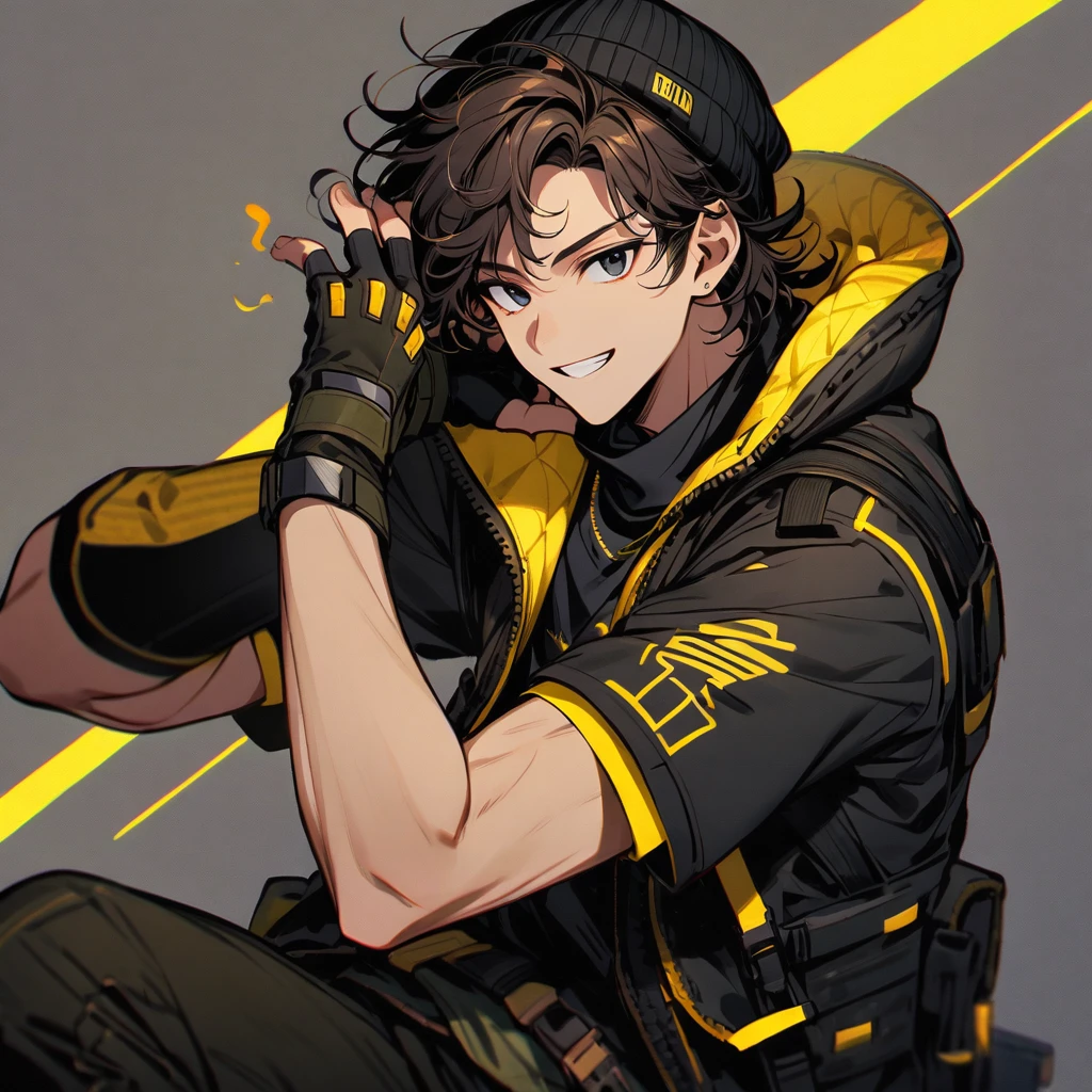 (well done:1) one man, short dark brown curly hair, black beanie, black eyes, black clothes with yellow details, white sweatshirt jacket over top, tactical boots, fingerless gloves, yellow tips in the hair.