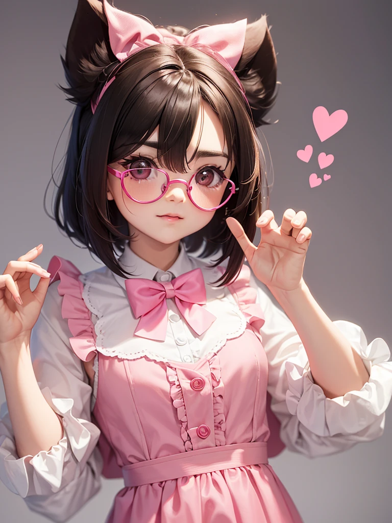 A Pekingese dog, a pink bow in one ear and heart glasses