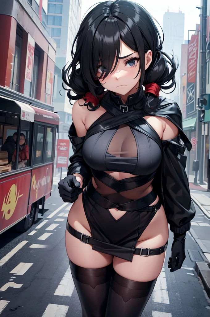 Erotic Anime Illustration、highest quality、Sex Appeal、Downtown Street、Savage Laughter、Road surface covered with graffiti、Selling aphrodisiacs、Plump Gal、Perfect proportions、Very large breasts、Fatty legs、Beautiful, shining eyes、Squat、Sweaty、Cowboy Shot