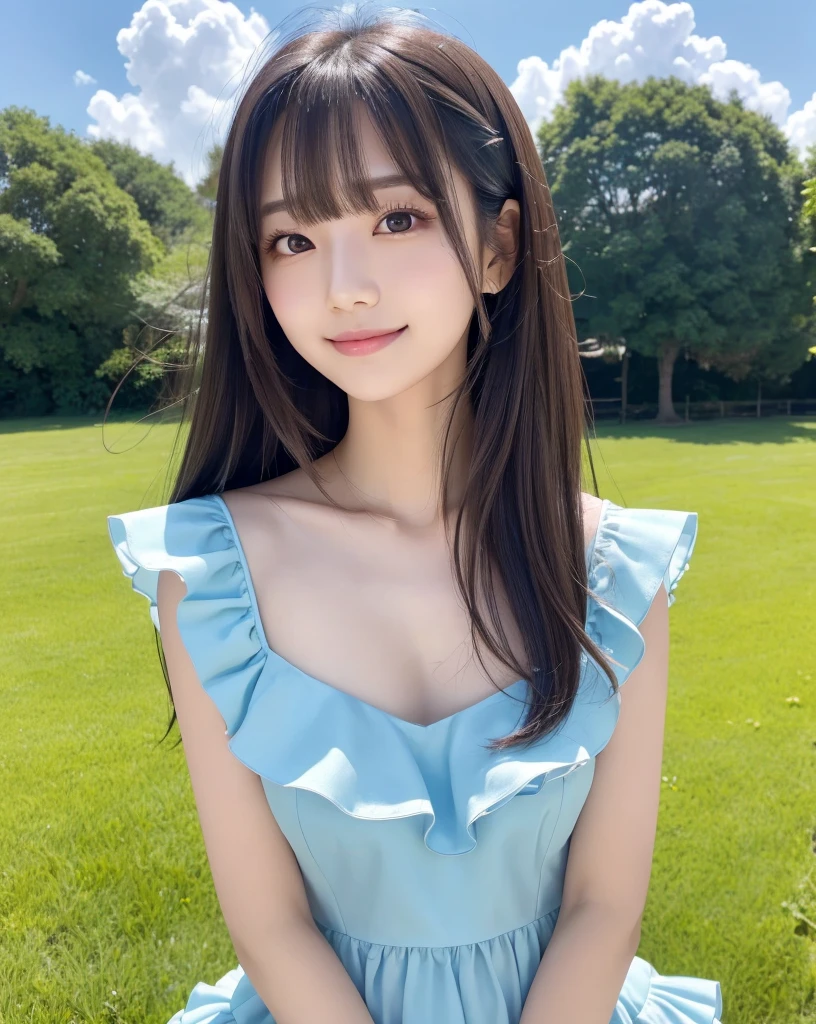 (Highest quality, 32K, High resolution, masterpiece:1.5), Beautiful Japanese Girl, Very beautiful face, Full Body Shot, Perfect Human Anatomy, Shiny black hair, Beautiful super long straight silk hair, Asymmetrical long bangs, Hair between the eyes, Magic big eye, Beautifully trimmed thin eyebrows, Smooth and soft white skin, Pale pink lips, Natural Makeup, Cheek gloss highlighter, Small Face Beauty, The best smile, ((blue frill dress:1.2)), Perfect collarbone, High resolutionの美しい胸, Slender body and large bust, High resolutionの美しい太もも, Beautiful legs, ((On the hill in spring)), Sitting on a green meadow, ((Absolute area:1.3)), Dazzling sunlight, blue sky, White cloud, Professional Lighting, Professional Photographer, Professional Model