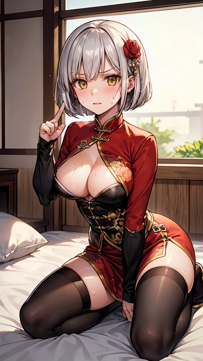 young girl , short silver bob hair, hair flower, sharp bangs between the eyes, yellow eyes, eyes large, dominant look, cold stare, somewhat angry expression, pointing at the camera. traditional chinese imperial clothes black with gold details, red skirt, black thigh high socks. medium breasts, slenderbody. On your knees on the bed, kneeling. Viewpoint from below, view from below. in a Japanese room, at night, with full moon in the background, light reflecting on the sexy and sweaty body. (((sweat)))