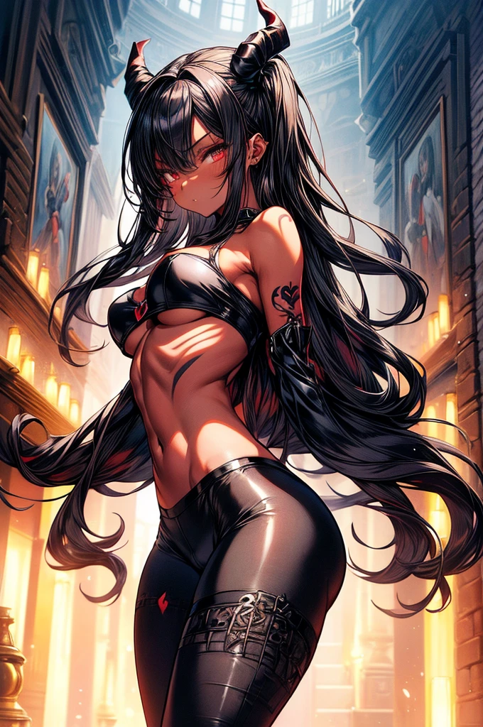 masterpiece, super detailed, high resolution, precision art, highly seductive anime girl. sexy and alluring, flawless dark red demonic skin, succubus, symmetrical face, beautiful olive eyes, flowing black hair, her very presence oozes seduction and allure, S-shaped body, black onyx colored horns jutting out her forehead, heart shaped tail protruding from her back, sexy and arousing slender and thin yet chiseled with enticing breasts, intricate and beautiful heart shaped tattoo engraved on her stomach, wearing spaghetti strap crop-top and form-fitting leggings that accentuate her round ass, hip-level shot