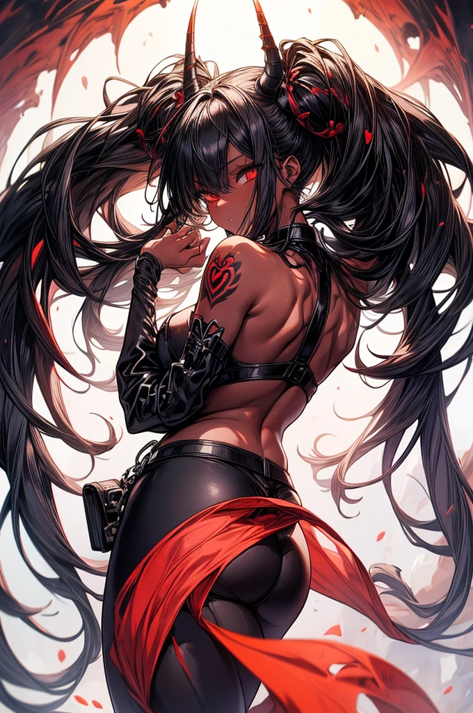 masterpiece, super detailed, high resolution, precision art, highly seductive anime girl. sexy and alluring, flawless dark red demonic skin, succubus, symmetrical face, beautiful olive eyes, flowing black hair, her very presence oozes seduction and allure, S-shaped body, black onyx colored horns jutting out her forehead, heart shaped tail protruding from her back, sexy and arousing slender and thin yet chiseled with enticing breasts, intricate and beautiful heart shaped tattoo engraved on her stomach, wearing spaghetti strap crop-top and form-fitting leggings that accentuate her round ass, hip-level shot