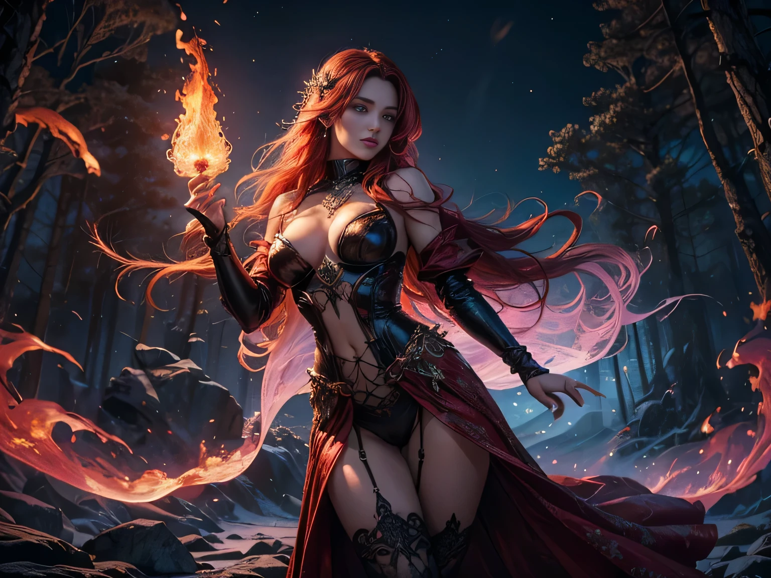 (best quality,4k,8k,highres,masterpiece:1.2), ultra-detailed, You are in the center between two forestire and ice. The surrounding area breathtaking in its beauty: bright red trees with flames that echo the icy pines decorated with student patterns. The air filled with the smells of hot fire and fresh ice, and you feel powerful energies permeate your body. Under your feet you feel the yielding earth, which seems alive and breathing. You are a fearless warrior and a princess with magical powers. Your (skin deadly pale), your eyes are red-blue, like a sunset sky. You look very powerful and confident, and your black lace armor emphasizes your independence and strength. Unlike your usual booking, this one a quirk of deep magic. The substance consisting of translucent fabrics fits your body, leaving all the important places open, while, as if thanks to the magic of executions, your breasts are in perfect condition, do not hang and do not stretch. Reflect the subtlety of the outfits of your character, you are not afraid to show your gifts, because you have great magic in trust, giving you invulnerability and victory over enemies. ((best quality,4k,8k,highres,masterpiece:1.2),ultra-detailed, madness, magic, beautiful magic, 1girl, flame mage, (ice and flame), (very beautiful fantasy background), (crazy sexy fantasy transparent ice-flame dress), portraits, vivid colors, intense lighting, brush strokes, ethereal atmosphere, spellbinding, enchanting scenery, mesmerizing expressions, whimsical, mystical, intricate details, dynamic poses, captivating moments, enchanting eyes, flowing robes, long curly redhair crystalline ice, mythical creatures, surreal landscapes, otherworldly, magical elements, (vagina see thru panties), (erect nipples see thru clotheewitching beauty, ethereal glow, transcendent, harmonic color palette. (Obscene lines), ((glow crotch tattoo)), inmon, womb tattoo, succub tattoo