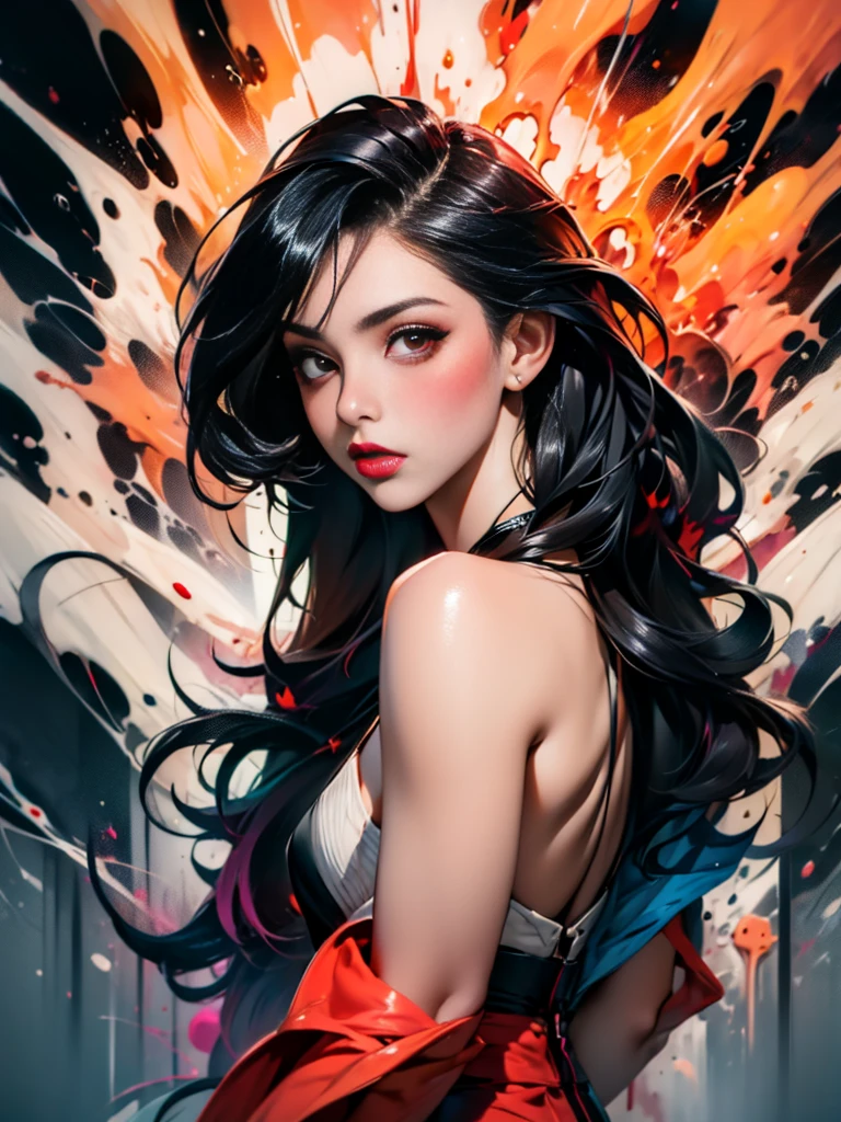 masterpiece, Best quality, ultra high resolution, Beautiful, elegant, Elegant, Award-winning art, 1 girl , portrait, half naked, (style Yuko Shimizu:1.1), (Abstract art:1.2), Red lips, Silent man in chaodel pose at fashion show, style by Rebecca Guy, black hair, red fire , enveloped in flames, dark theme, Visually stunning, fabulous