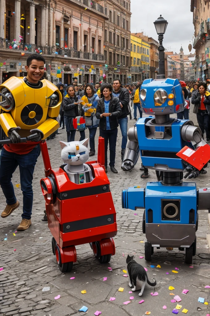 celebration of the three cats and the robots celebrating together in the central square, with confetti