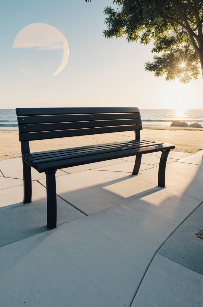 minimalist drawing of a bench with a sun and a moon above