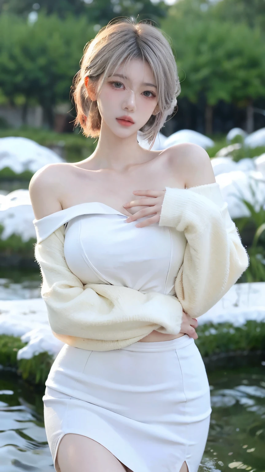 Beautiful woman with perfect figure:1.4，snow，Touching butt with both hands，snow背景，Layered Hairstyle，White skin，Prominent cleavage，Pleated Skirt，whole body，Very delicate face and skin texture，Double eyelids，Skin Whitening，Long white hair