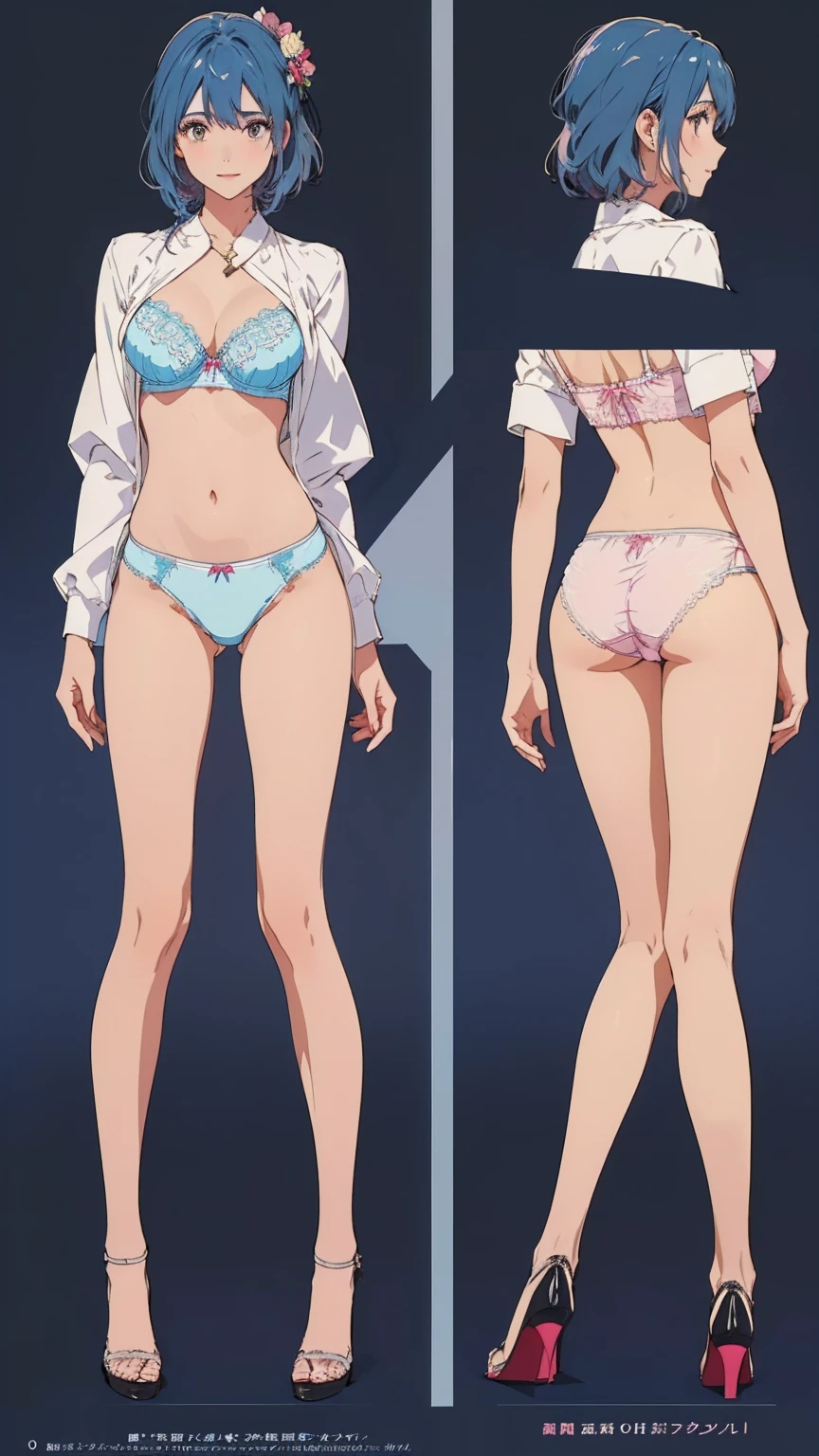 ((masterpiece)), (((Highest quality))), ((Reference Sheet, Character Design)), Highest quality, masterpiece, Ultra-high resolution, Original photo, Ultra-high resolution, Three beautiful women, Blue hair, Big smile, Wearing a white and pink lace bra, Wearing white and pink lace , (elaborately designed luxury pantiesults, panties high don images, draw panties with super pr), (((threads of the seams for panties crotch is visible)))h of panties is visible