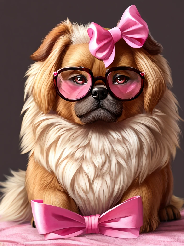 A Pekingese dog, a pink bow in one ear and heart glasses