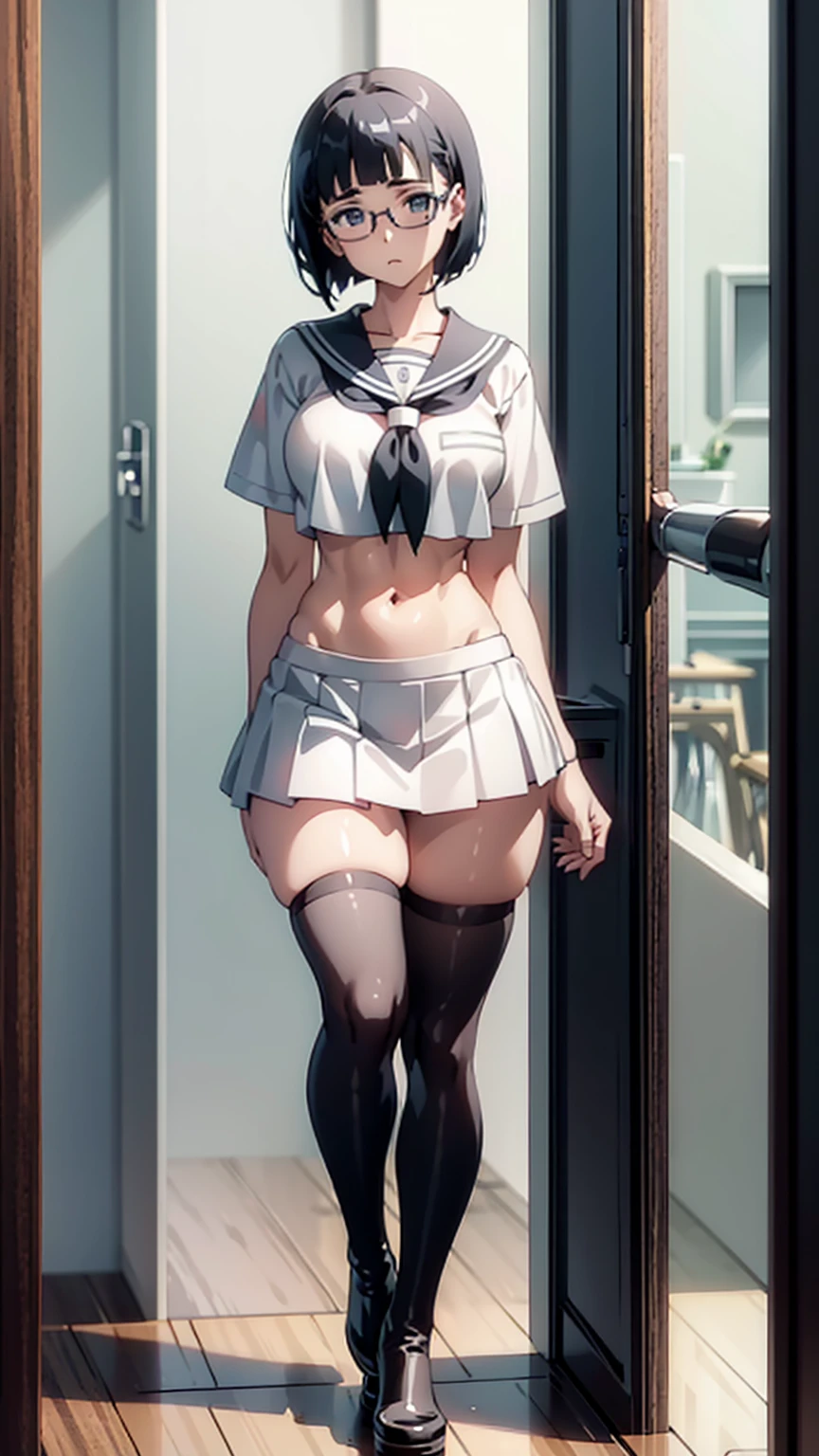 (Beautiful Face),1 female,Suguha Kirigaya,Short-sleeved sailor suit,Low-rise skirt,Very short skirt,Black Hair,middle hair,Glasses,Very small waist,Very thin body,very Large Breasts,Thigh-high stockings,Platform boots,,