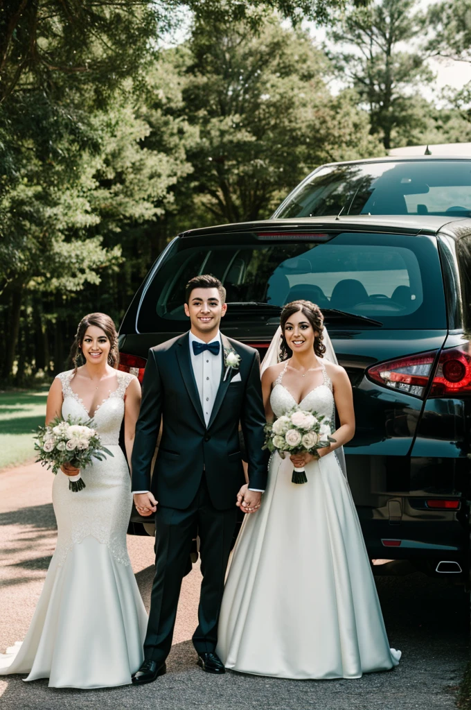 Bride and groom and a Mitsubishi lancer
