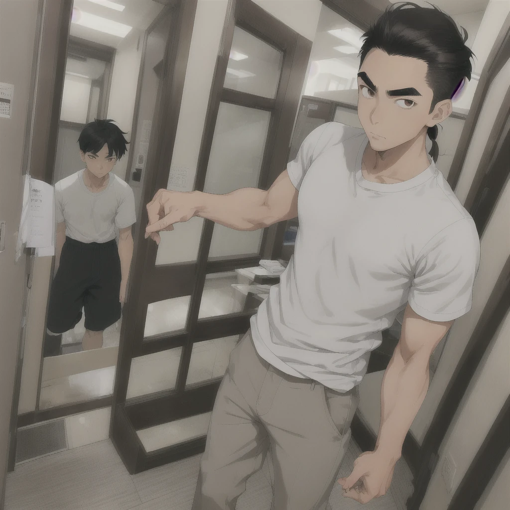 Male Asian young adult , short ponytail , brown lazy eyes, sharp eyebrow, thin nose, good looking ,brown hair, tan skin, broad shoulders, lean, tall, fitted white school shirt with rolled sleeves, light grey school pants, black clarks, cool guy , full body view