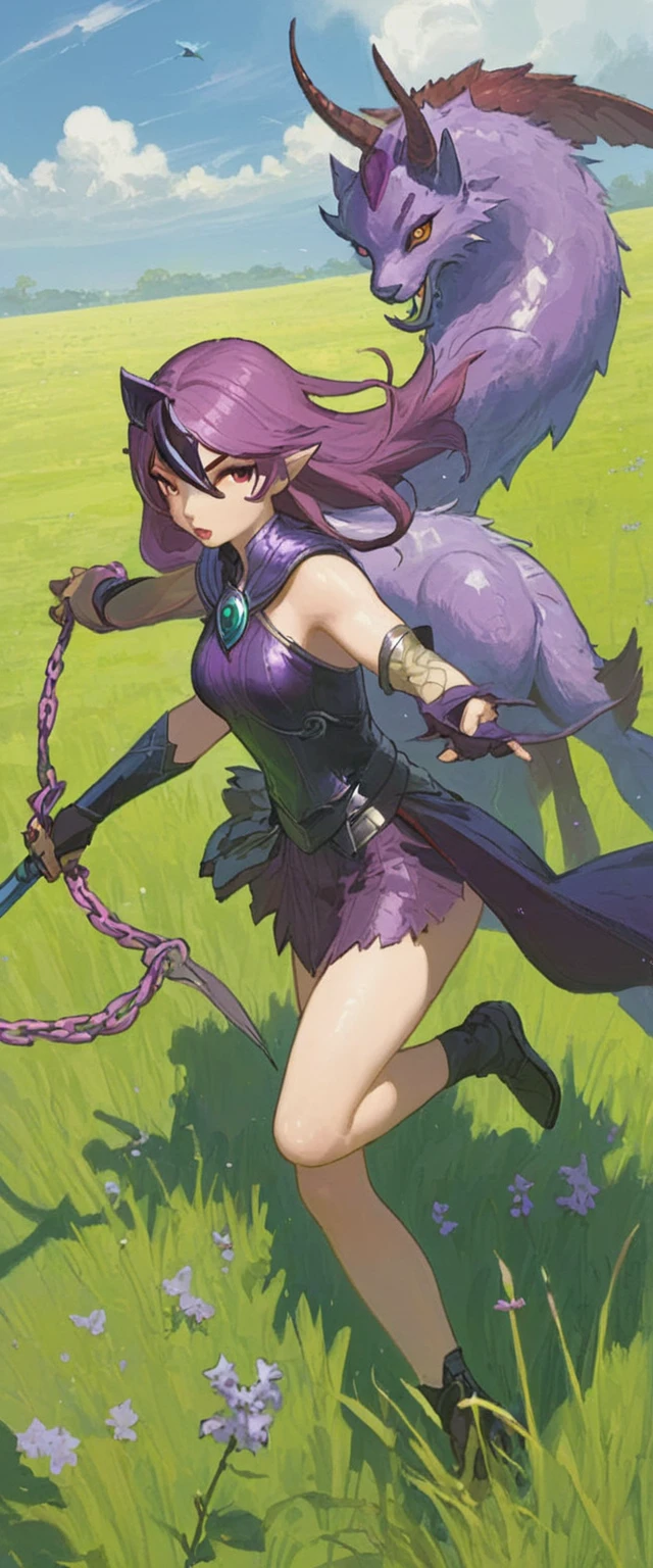 Lilith, in battle against his lilac enemy, in an open field duel, with power of ki, with battle marks from both girls.