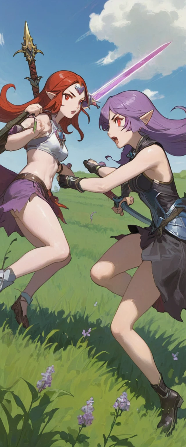 Lilith, in battle against his lilac enemy, in an open field duel, with power of ki, with battle marks from both girls.