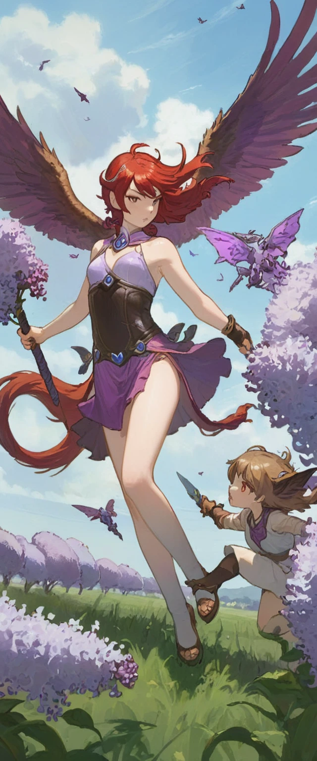 Lilith, in battle against his lilac enemy, in an open field duel, with power of ki, with battle marks from both girls.