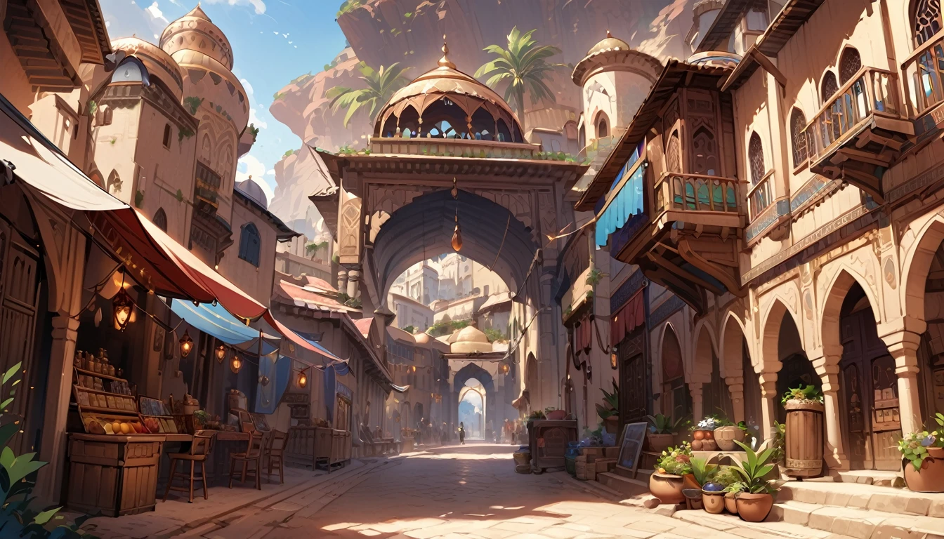 Highest quality,masterpiece,Arabian style town,landscape,There are no humans,Fantasy,Charming streetscape,Concept Art,Fantasy,market