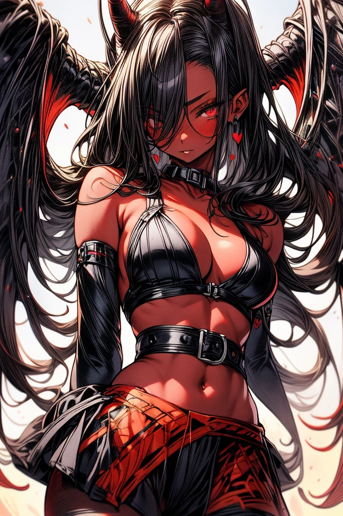 masterpiece, super detailed, high resolution, precision art, highly seductive anime girl. sexy and alluring, flawless dark red demonic skin, succubus, symmetrical face, beautiful olive eyes, flowing black hair, her very presence oozes seduction and allure, S-shaped body, black onyx colored horns jutting out her forehead, heart shaped tail protruding from her back, sexy and arousing slender and thin yet chiseled with enticing breasts, intricate and beautiful heart shaped tattoo engraved on her stomach, wearing spaghetti strap crop-top and form-fitting leggings that accentuate her round ass, hip-level shot