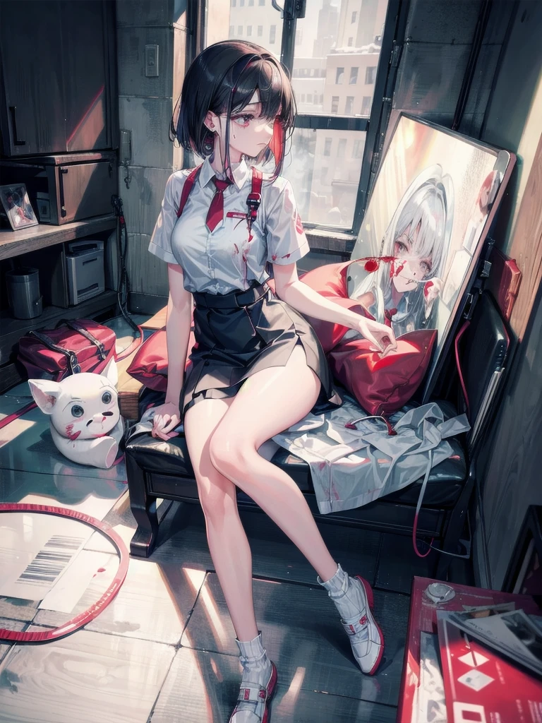 absurdres, RAW photo, extremely delicate and beautiful, masterpiece, Best Quality, ultra high resolution, 32k, hyperrealistic, ultra-detailed, perfect figure, in her 20s, very small head, very small face, delicate facial features, tearful mole, earring, very huge round breasts, full body shot, medium hair, asymmetrical hair, blood, blood splatter, blood on clothes, blood stain, hospital, nurse uniform, have a chainsaw,