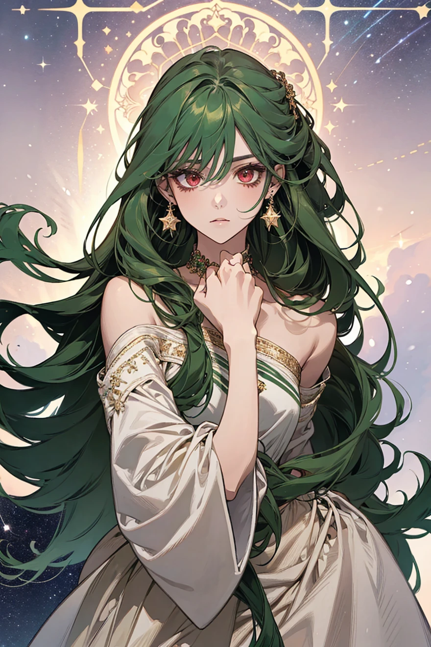 (masterpiece, best quality:1.2),solo,1girl,averting_eyes,earrings,hair_between_eyes,hair_ornament,jewelry,long_hair, earrings, Green_Hair, Red_Eyes, Pretty_Girl, Stars.