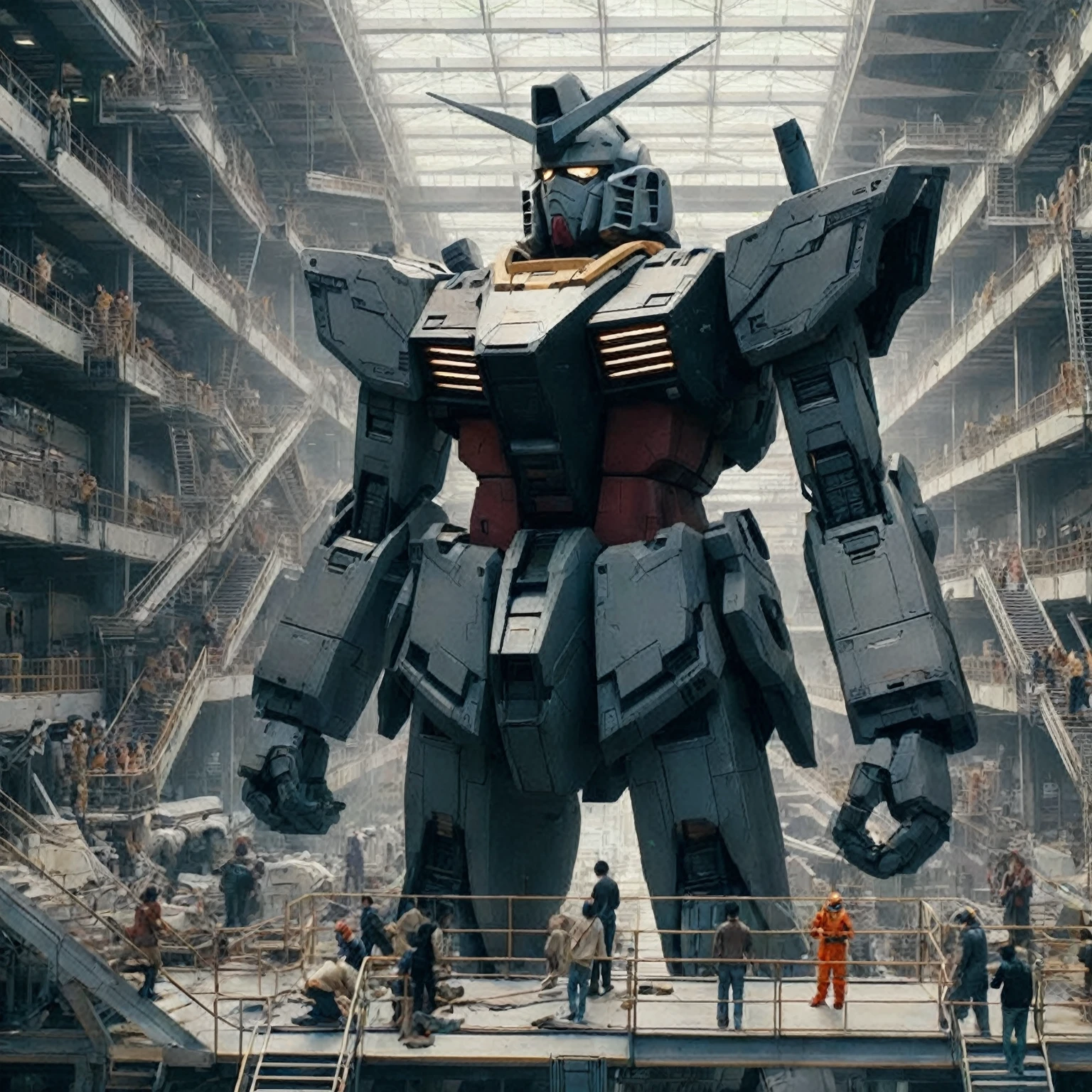 many workers repairing, interacting and checking a giant 40 meter high damaged Gundam RX 78 in a large, futuristic workshop with walkways and stairs and congaldo workers passing over the Gundam RX 78