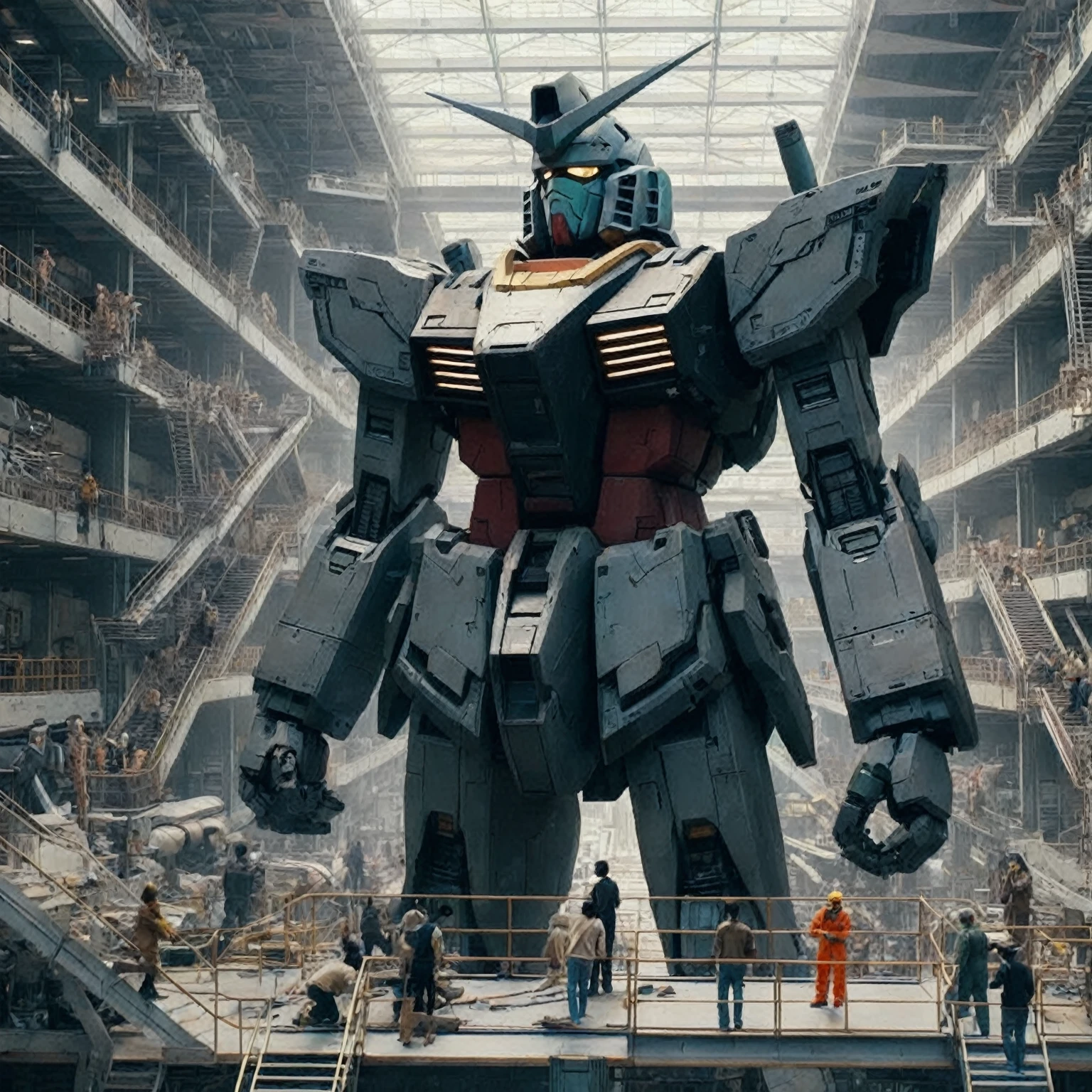 many workers repairing, interacting and checking a giant 40 meter high damaged Gundam RX 78 in a large, futuristic workshop with walkways and stairs and congaldo workers passing over the Gundam RX 78