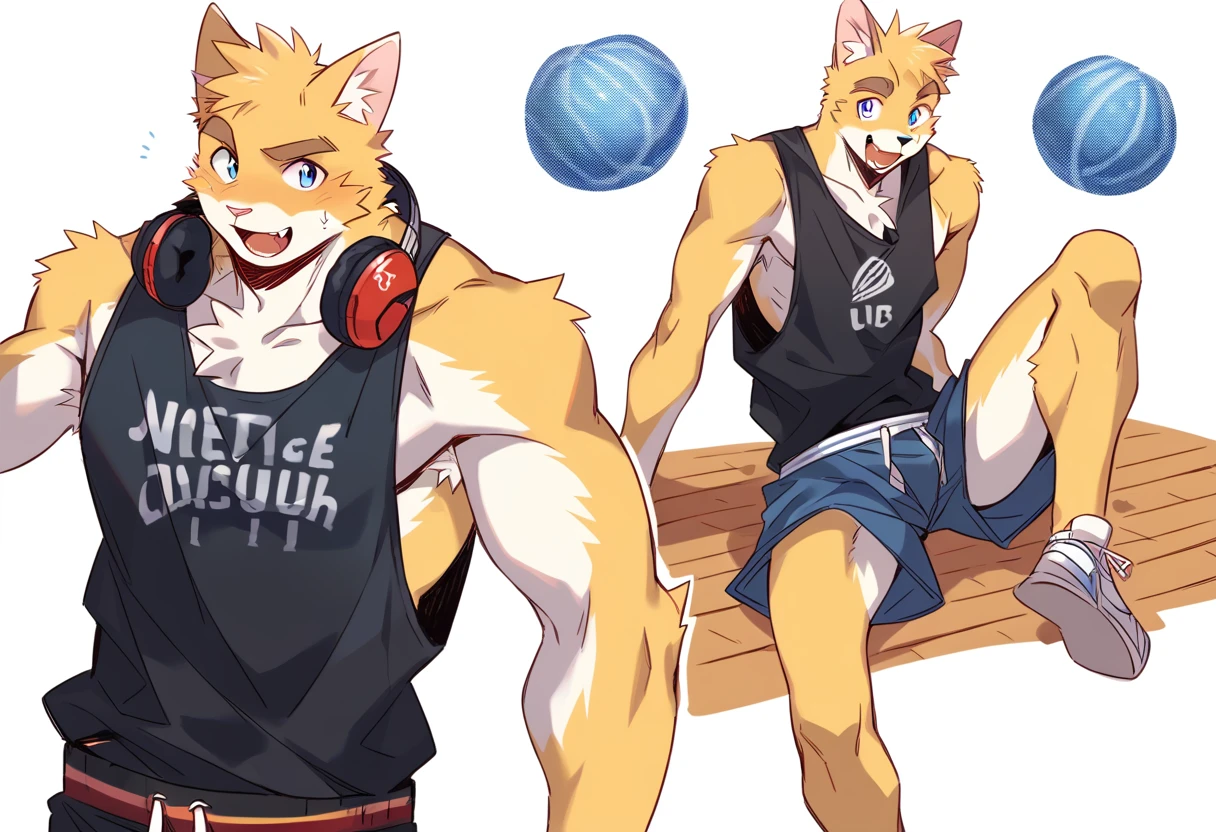 score_9, score_8_up, score_7_up, male, furry, high quality, hires, anthro, teenager, 16 years old, domestic cat, basketball player, bright yellow fur, blue eyes, wide brown eyebrows, excited expression, humanoid feet, slim body, prominent v-line, prominent abs, prominent legs, prominent forearm, prominent knees, white background, treasure trail, armpit hair, furry legs, in various sexy poses, headphones, casual clothes, joggers, black shirt, shorts, showing off, folded arms